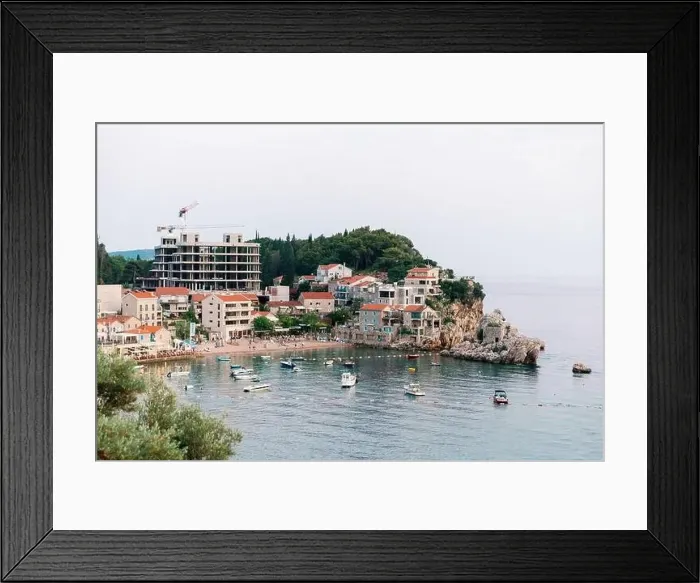 Framed Print : Aerial top down view of boat dock and yacht port in Montenegro