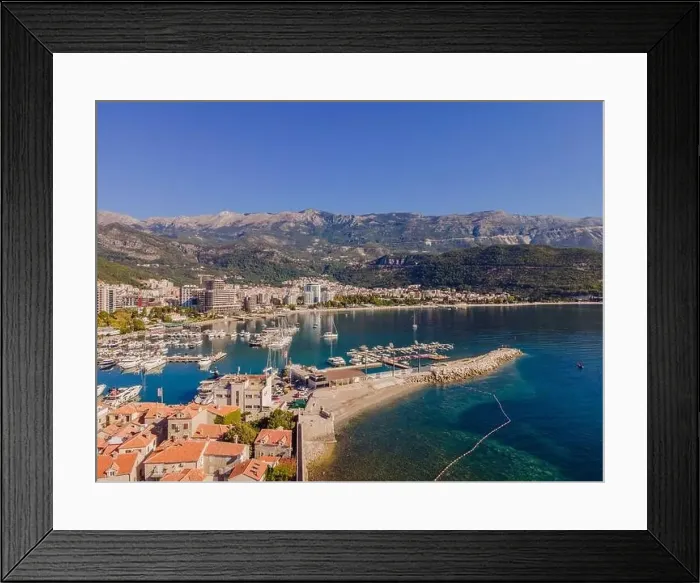 Framed Print : Old town in Budva in a beautiful summer day, Montenegro. Aerial image. Top view Framed Print : Old town in Budva in a beautiful summer day, Montenegro. Aerial image. Top view