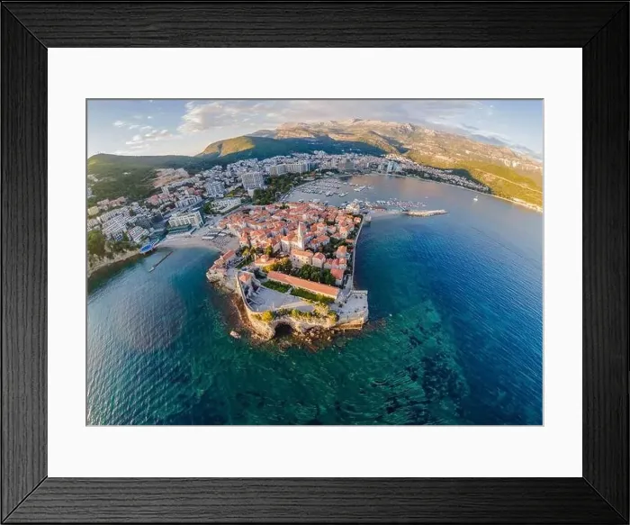 Framed Print : Old town in Budva in a beautiful summer day, Montenegro. Aerial image. Top view Framed Print : Old town in Budva in a beautiful summer day, Montenegro. Aerial image. Top view