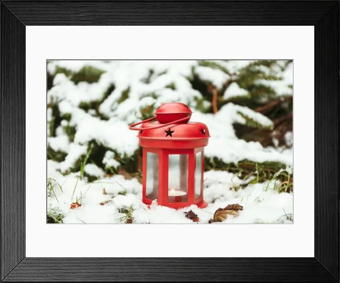 Framed Print : Red lantern with burning candle in forest in winter Framed Print : Red lantern with burning candle in forest in winter
