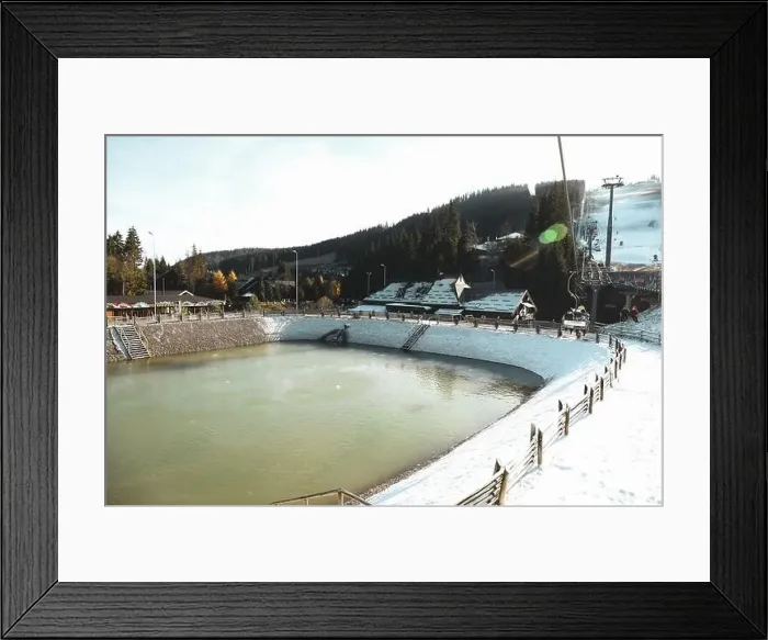 Framed Print : Lake in ski resort in Carpathian mountains Framed Print : Lake in ski resort in Carpathian mountains