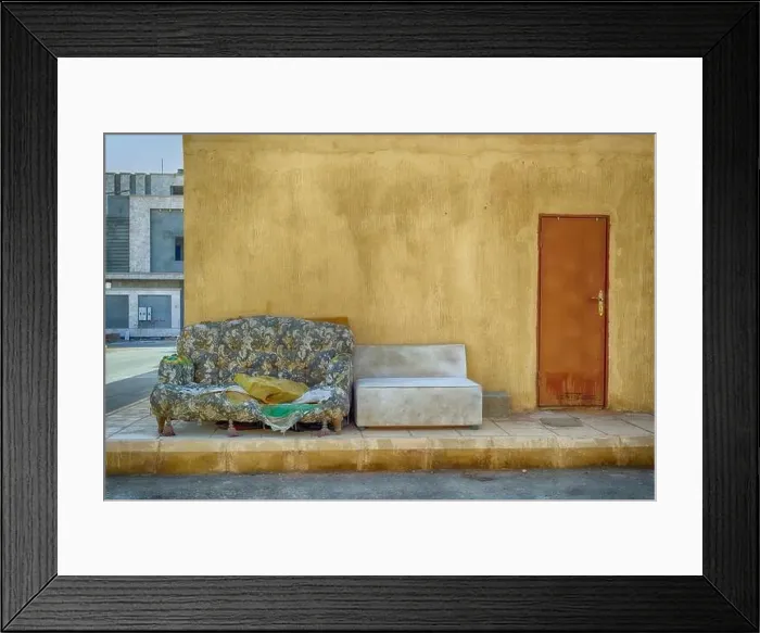 Framed Print : Corner sofa and chair - outside Framed Print : Corner sofa and chair - outside