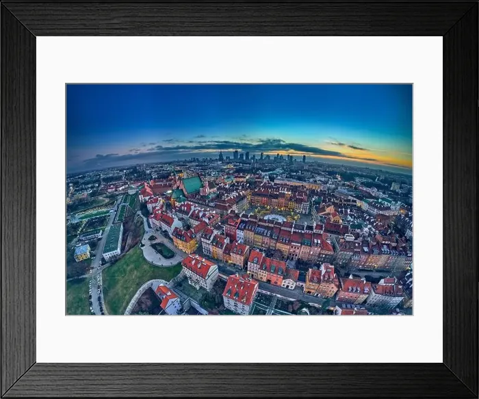 Framed Print : Beautiful panoramic aerial drone skyline sunset view of the Warsaw City Centre with skyscrapers of the Warsaw City