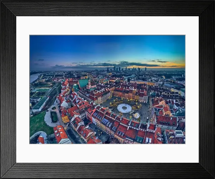 Framed Print : Beautiful panoramic aerial drone skyline sunset view of the Warsaw City Centre with skyscrapers of the Warsaw City