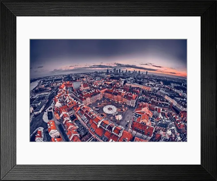 Framed Print : Beautiful panoramic aerial drone skyline sunset view of the Warsaw City Centre with skyscrapers of the Warsaw City