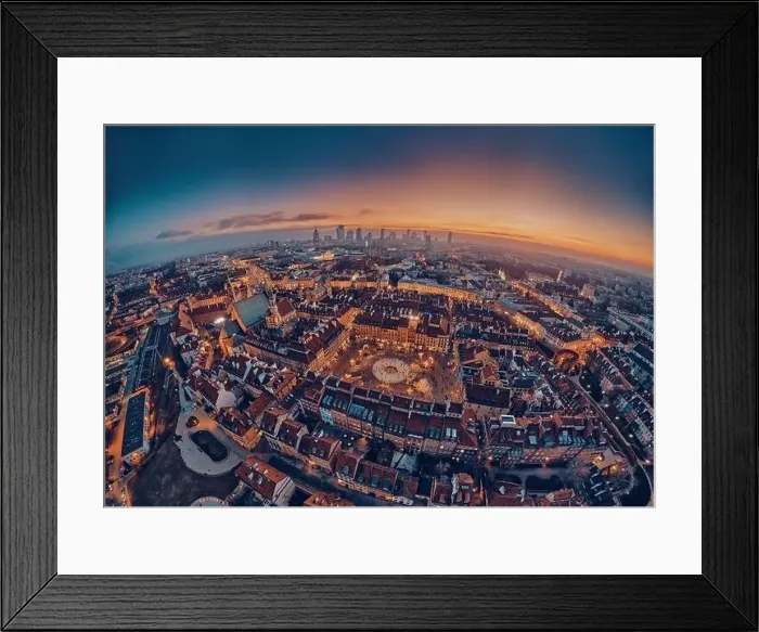 Framed Print : Beautiful panoramic aerial drone skyline sunset view of the Warsaw City Centre with skyscrapers of the Warsaw City