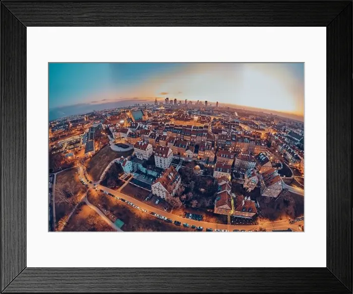 Framed Print : Beautiful panoramic aerial drone skyline sunset view of the Warsaw City Centre with skyscrapers of the Warsaw City