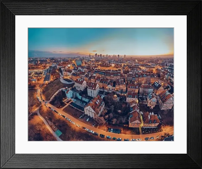 Framed Print : Beautiful panoramic aerial drone skyline sunset view of the Warsaw City Centre with skyscrapers of the Warsaw City