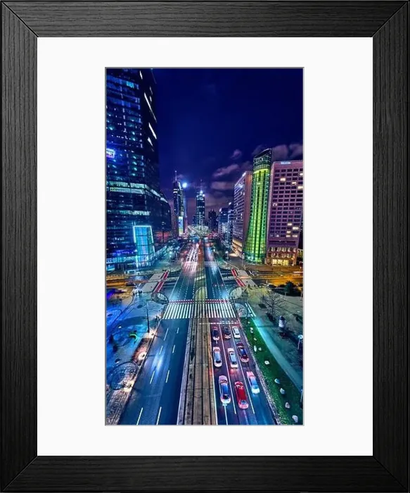 Framed Print : Beautiful panoramic aerial drone skyline view of the center of night Warsaw with skyscrapers in the background Framed Print : Beautiful panoramic aerial drone skyline view of the center of night Warsaw with skyscrapers in the background