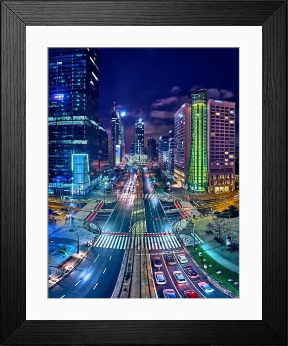 Framed Print : Beautiful panoramic aerial drone skyline view of the center of night Warsaw with skyscrapers in the background Framed Print : Beautiful panoramic aerial drone skyline view of the center of night Warsaw with skyscrapers in the background