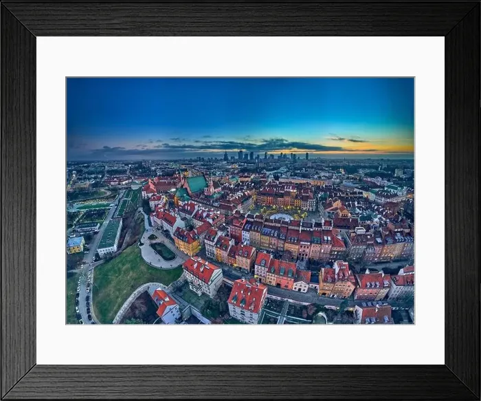 Framed Print : Beautiful panoramic aerial drone skyline sunset view of the Warsaw City Centre with skyscrapers of the Warsaw City