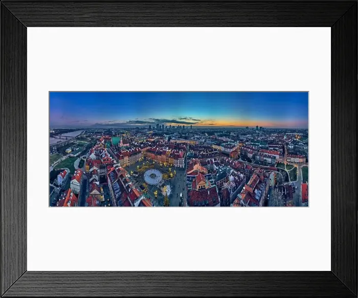 Framed Print : Beautiful panoramic aerial drone skyline sunset view of the Warsaw City Centre with skyscrapers of the Warsaw City