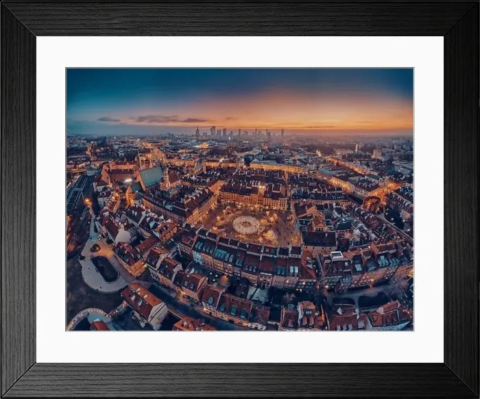 Framed Print : Beautiful panoramic aerial drone skyline sunset view of the Warsaw City Centre with skyscrapers of the Warsaw City