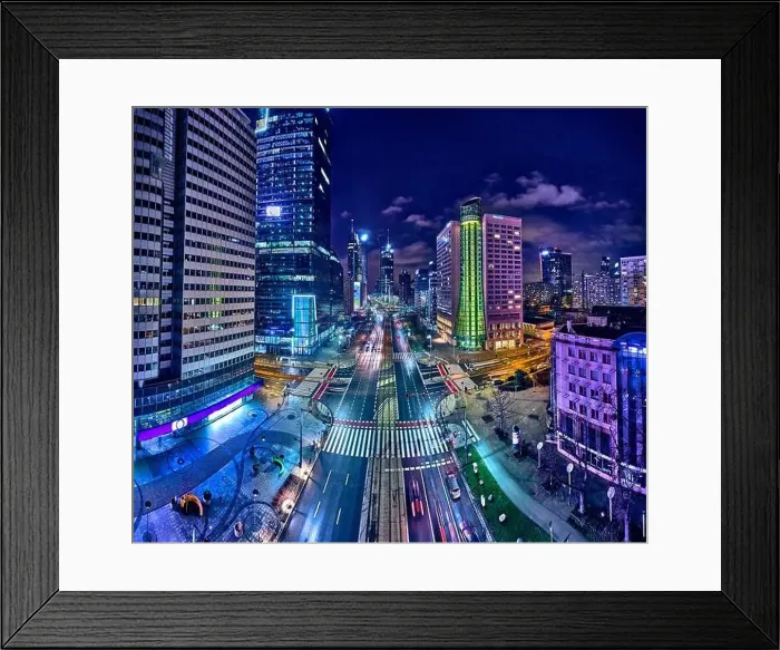 Framed Print : Beautiful panoramic aerial drone skyline view of the center of night Warsaw with skyscrapers in the background Framed Print : Beautiful panoramic aerial drone skyline view of the center of night Warsaw with skyscrapers in the background