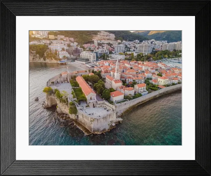 Framed Print : Old town in Budva in a beautiful summer day, Montenegro. Aerial image. Top view Framed Print : Old town in Budva in a beautiful summer day, Montenegro. Aerial image. Top view
