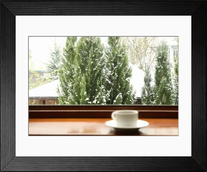 Framed Print : Cup of tea stands on wooden windowsill Framed Print : Cup of tea stands on wooden windowsill