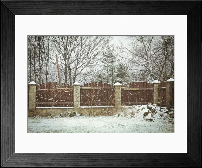 Framed Print : Fence in snowy day in Carpathian mountains Framed Print : Fence in snowy day in Carpathian mountains