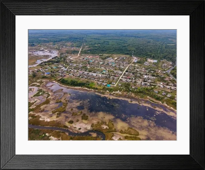Framed Print : top view of swamp and lake near village in Kirov Region of Russia. drone shot Framed Print : top view of swamp and lake near village in Kirov Region of Russia. drone shot