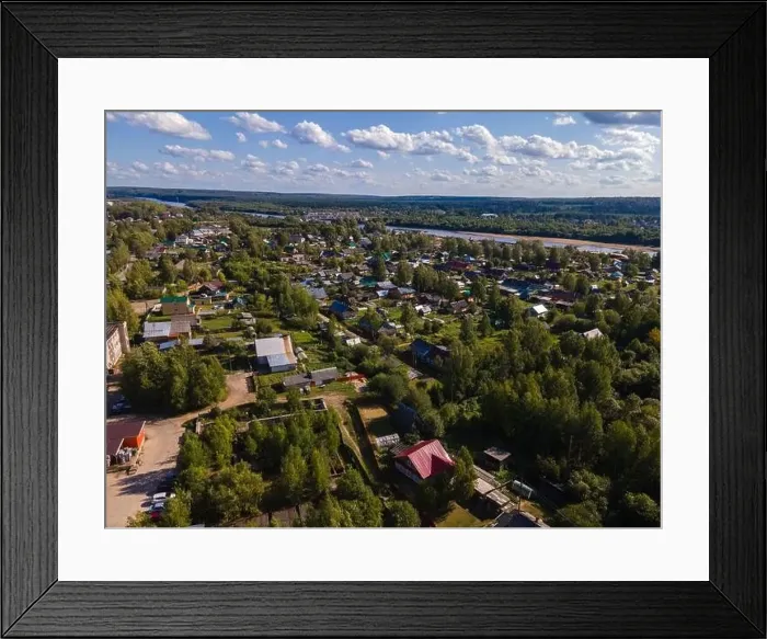 Framed Print : aerial view residential houses near summer river and huge metal bridge Framed Print : aerial view residential houses near summer river and huge metal bridge