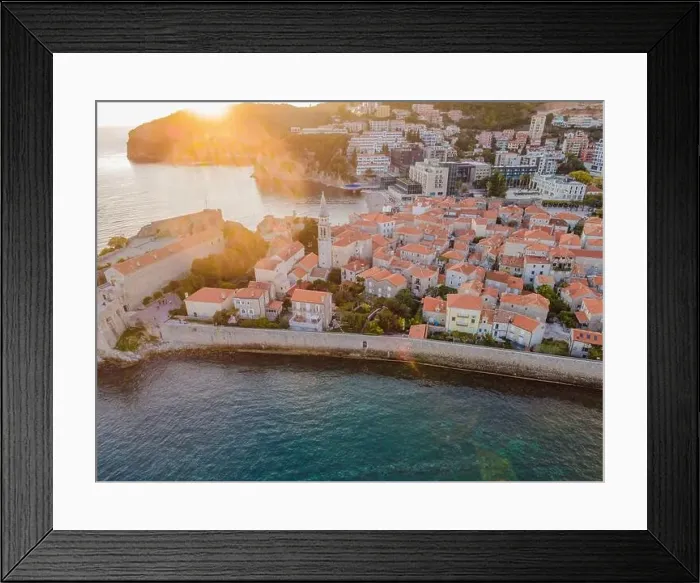 Framed Print : Old town in Budva in a beautiful summer day, Montenegro. Aerial image. Top view Framed Print : Old town in Budva in a beautiful summer day, Montenegro. Aerial image. Top view