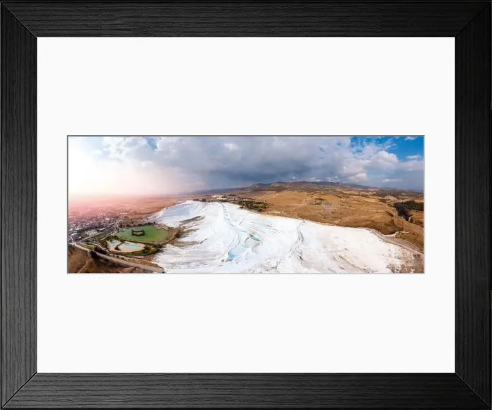 Framed Print : Panorama Natural travertine pools blue water in Pamukkale Turkey aerial top view with sunlight Framed Print : Panorama Natural travertine pools blue water in Pamukkale Turkey aerial top view with sunlight