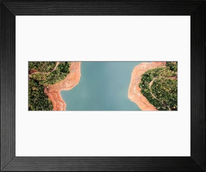 Framed Print : panoramic top view of a river in the forest, drone view, natural background with copy space for text Framed Print : panoramic top view of a river in the forest, drone view, natural background with copy space for text