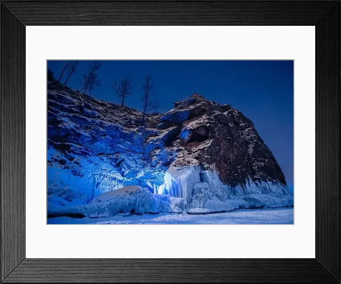 Framed Print : Beautiful landscape island Shaman Stone winter lake Baikal with transparent cracked blue ice. Concept travel Russia Framed Print : Beautiful landscape island Shaman Stone winter lake Baikal with transparent cracked blue ice. Concept travel Russia