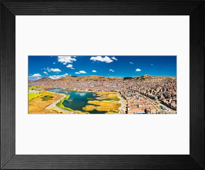 Framed Print : Aerial panorama of Puno with Lake Titicaca in Peru, South America Framed Print : Aerial panorama of Puno with Lake Titicaca in Peru, South America