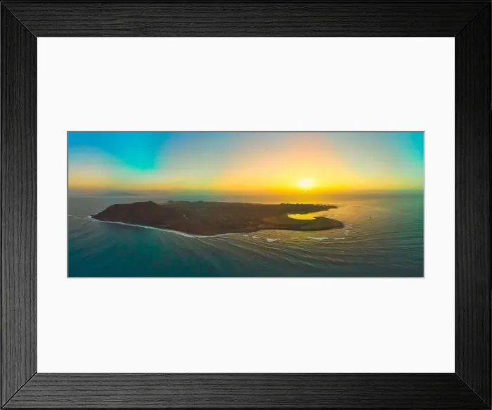 Framed Print : panoramic aerial image of the mysterious sunrise over Lobos island Fuerteventura Framed Print : panoramic aerial image of the mysterious sunrise over Lobos island Fuerteventura