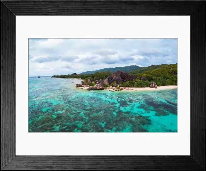 Framed Print : Aerial view of Anse Source D'argent beach at the La Digue Island, Seychelles Framed Print : Aerial view of Anse Source D'argent beach at the La Digue Island, Seychelles