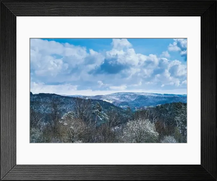 Framed Print : Germany, View above the forest schwaebischer wald above the white snow covered tree tops near rudersberg town houses Framed Print : Germany, View above the forest schwaebischer wald above the white snow covered tree tops near rudersberg town houses