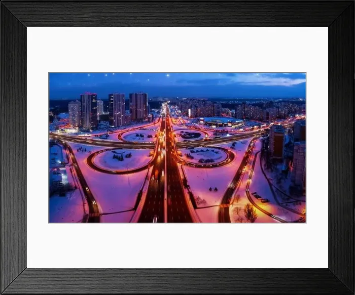 Framed Print : Top view, multilevel transport interchange in the evening city. Winter landscape Framed Print : Top view, multilevel transport interchange in the evening city. Winter landscape