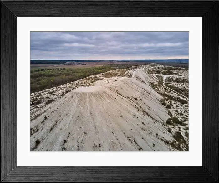 Framed Print : Aerial drone view phosphogypsum white mountains waste from factories Framed Print : Aerial drone view phosphogypsum white mountains waste from factories