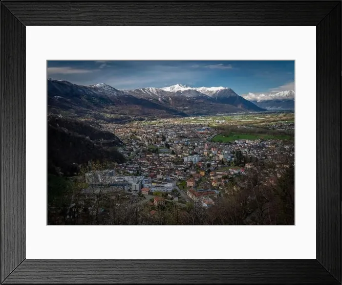Framed Print : Giubiasco town from castle in Bellinzona town in spring fresh color morning Framed Print : Giubiasco town from castle in Bellinzona town in spring fresh color morning