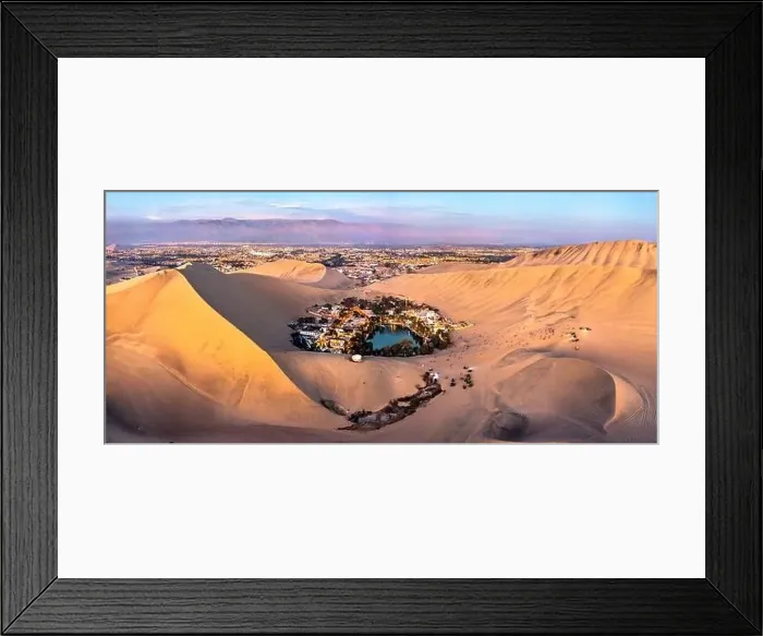 Framed Print : Aerial sunset view of the Huacachina Oasis in the Atacama desert of Peru Framed Print : Aerial sunset view of the Huacachina Oasis in the Atacama desert of Peru