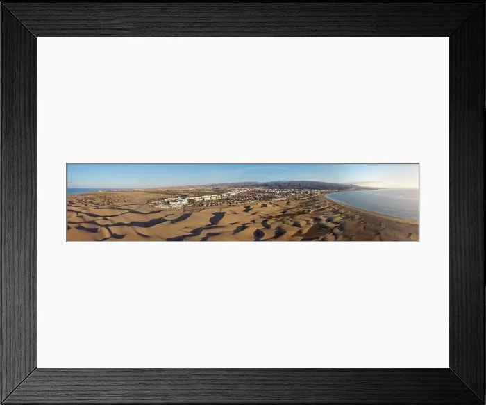 Framed Print : Aerial drone landscape of Maspalomas golden sand dunes at sunrise, Gran Canaria, Canary Islands, Spain Framed Print : Aerial drone landscape of Maspalomas golden sand dunes at sunrise, Gran Canaria, Canary Islands, Spain