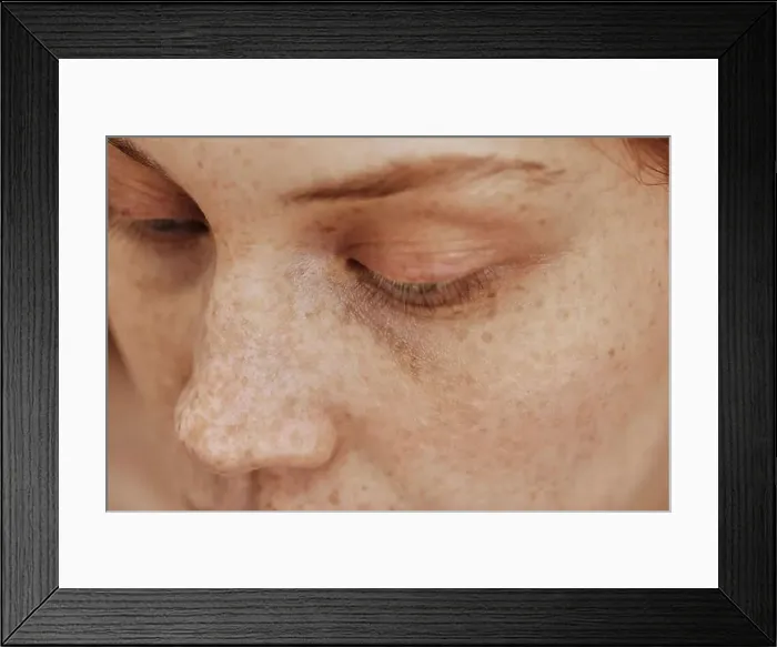 Framed Print : Macro shot of face with freckles of young natural woman with no-makeup on her eyes Framed Print : Macro shot of face with freckles of young natural woman with no-makeup on her eyes