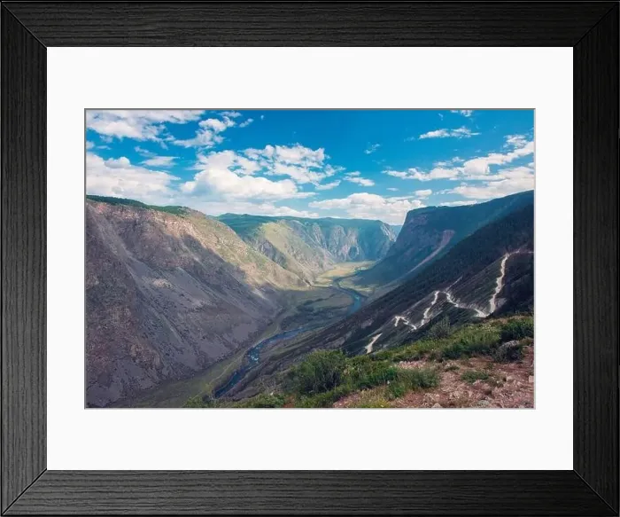 Framed Print : Katu Yaryk mountain pass and the valley of the river of Chulyshman. Altai Republic, Russia, beautiful summer day