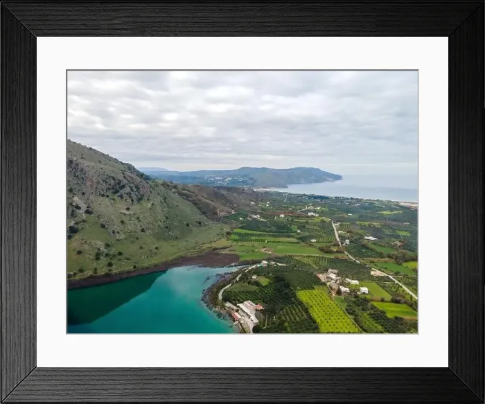 Framed Print : Aerial top view by drone of Kournas lake on Crete island. Greece Framed Print : Aerial top view by drone of Kournas lake on Crete island. Greece