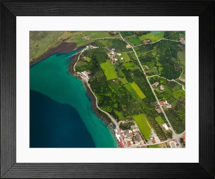 Framed Print : Aerial top view by drone of Kournas lake on Crete island. Greece Framed Print : Aerial top view by drone of Kournas lake on Crete island. Greece