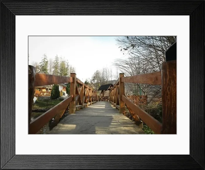 Framed Print : Wooden bridge in resort in Carpathian mountains in autumn day Framed Print : Wooden bridge in resort in Carpathian mountains in autumn day