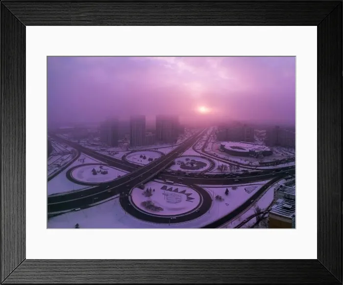 Framed Print : Top view, multilevel transport interchange in the evening city. Winter landscape Framed Print : Top view, multilevel transport interchange in the evening city. Winter landscape