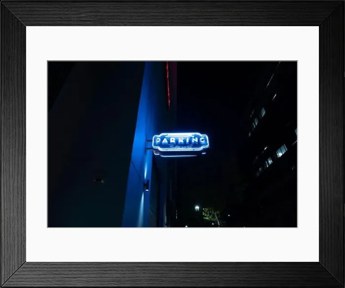 Framed Print : Retro Art Deco Neon Public Parking Signs at Night Framed Print : Retro Art Deco Neon Public Parking Signs at Night