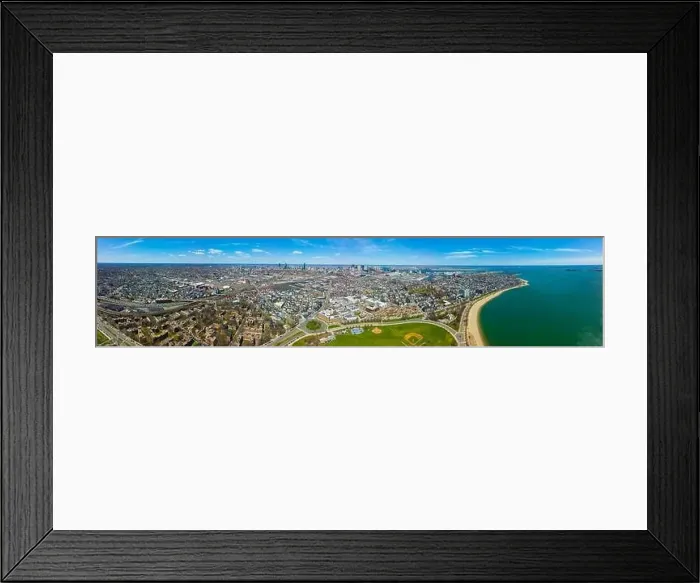 Framed Print : Boston Downtown Financial District and Back Bay skyline panoramic aerial view in spring from South Boston