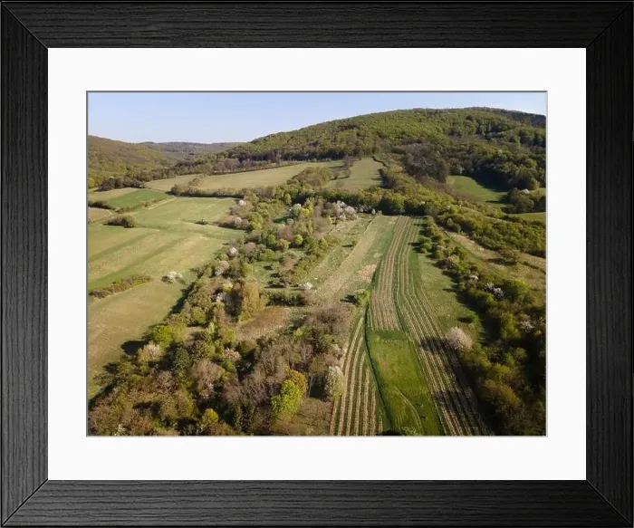 Framed Print : Drone flight over green meadows, forests, landscape, nature in April in Austria Framed Print : Drone flight over green meadows, forests, landscape, nature in April in Austria