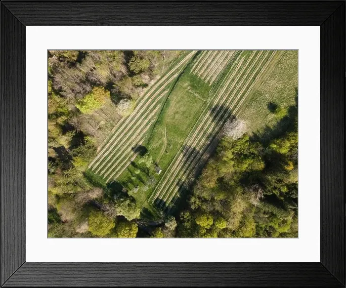 Framed Print : Drone flight over green meadows, forests, landscape, nature in April in Austria