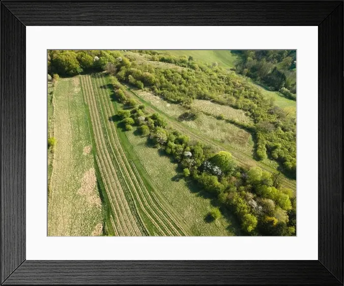 Framed Print : Drone flight over green meadows, forests, landscape, nature in April in Austria Framed Print : Drone flight over green meadows, forests, landscape, nature in April in Austria