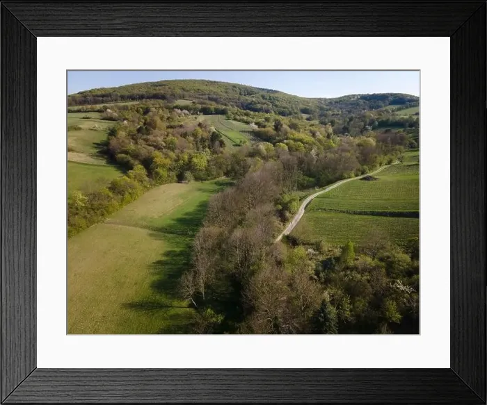 Framed Print : Drone flight over green meadows, forests, landscape, nature in April in Austria Framed Print : Drone flight over green meadows, forests, landscape, nature in April in Austria