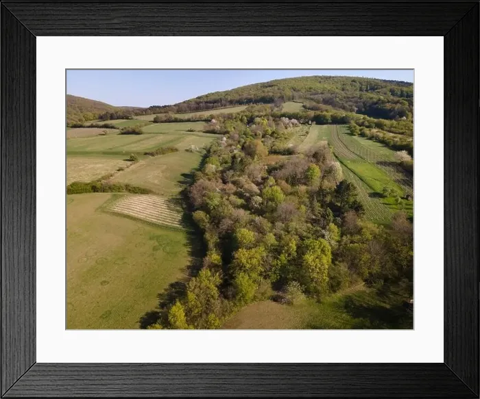 Framed Print : Drone flight over green meadows, forests, landscape, nature in April in Austria Framed Print : Drone flight over green meadows, forests, landscape, nature in April in Austria