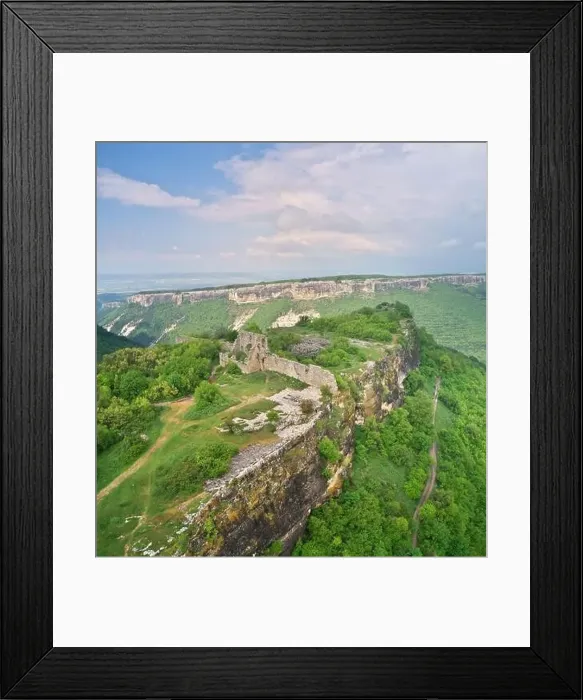 Framed Print : Mountain old ruin cave town Mangup. Nature landscape composition. Aerial drone view Framed Print : Mountain old ruin cave town Mangup. Nature landscape composition. Aerial drone view